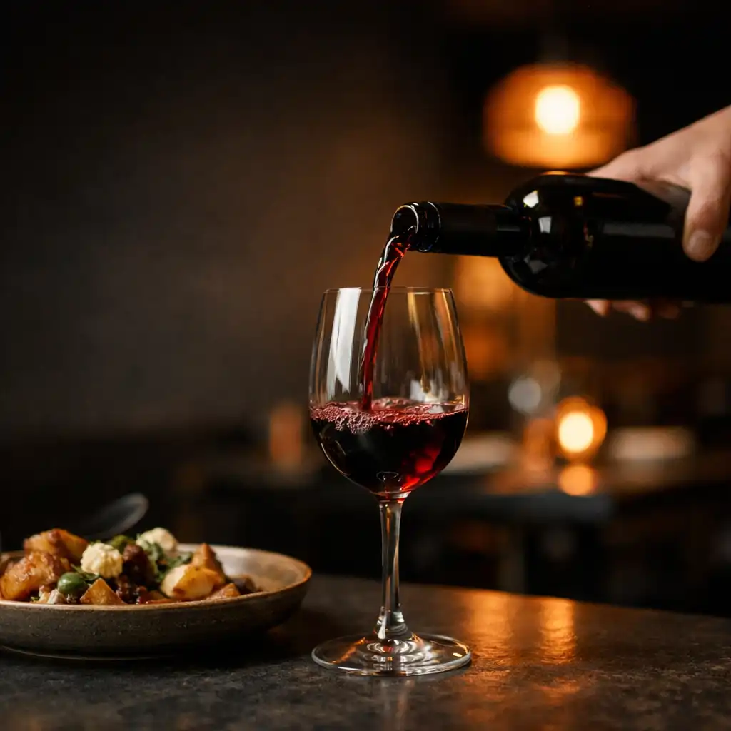 Artisan wine being poured into a glass on a dark bistro table
