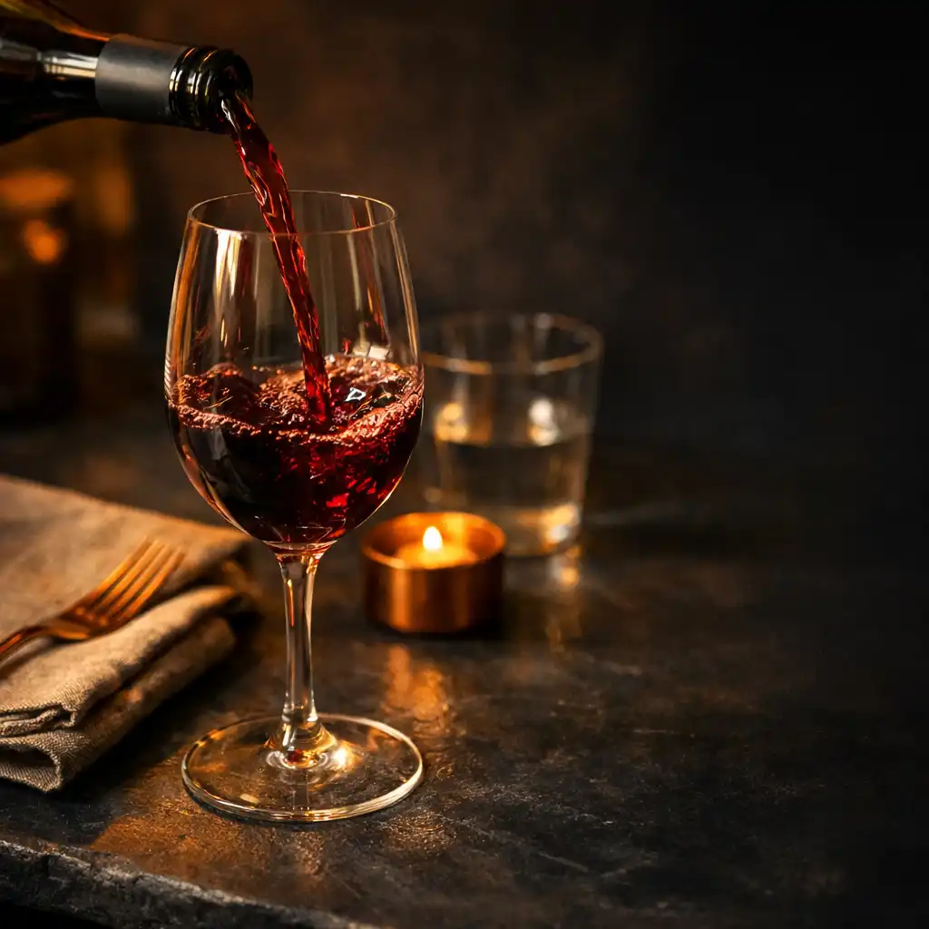 Artisan wine being poured into a stemmed glass beside a slate bistro place setting