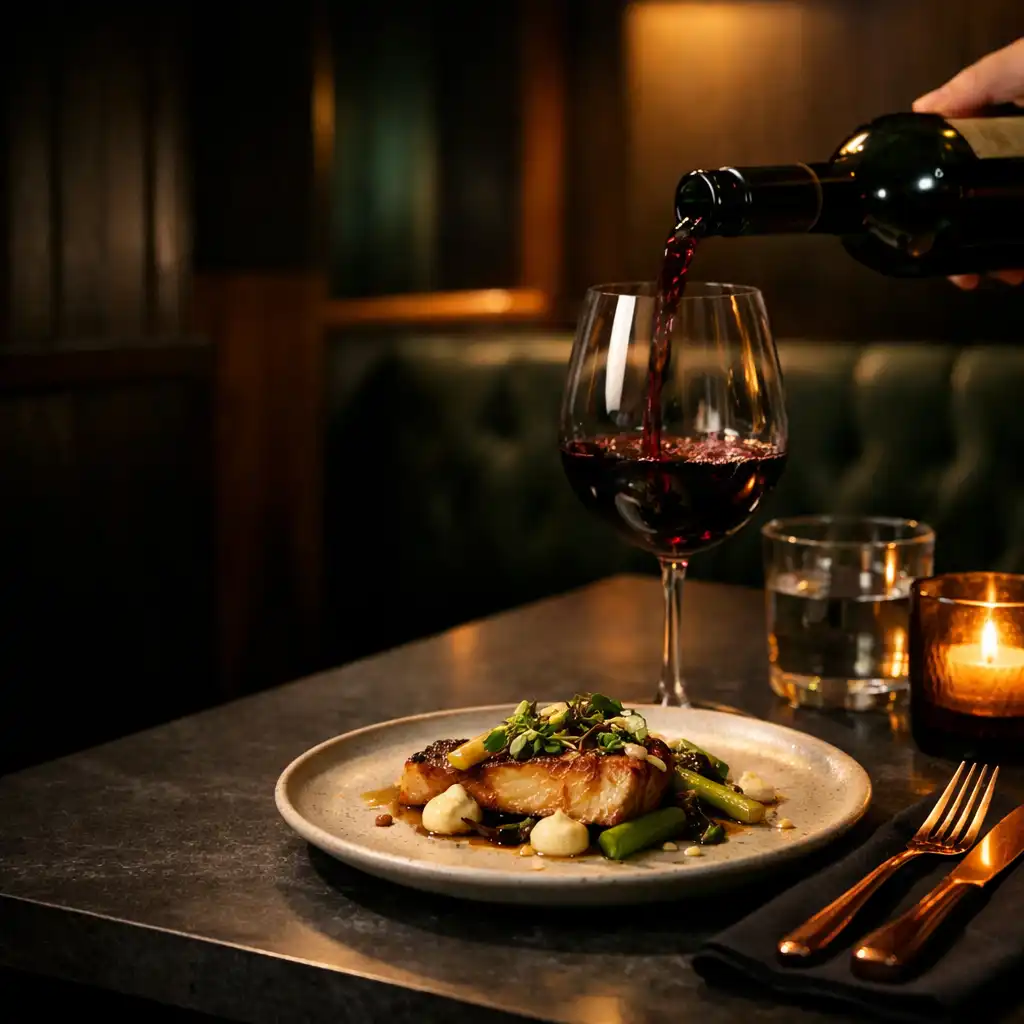 Modern plated bistro dish and artisan wine pour under warm amber light