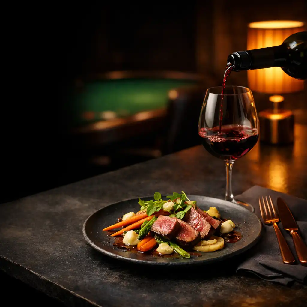 A plated contemporary dish and artisan wine pour on a slate bistro table under warm amber light.