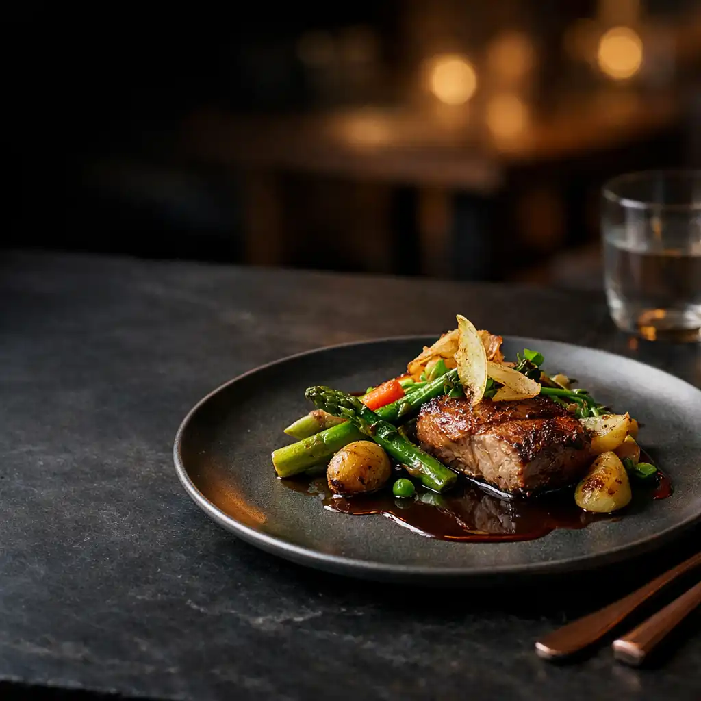Modern plated dish on a dark slate table in warm bistro light