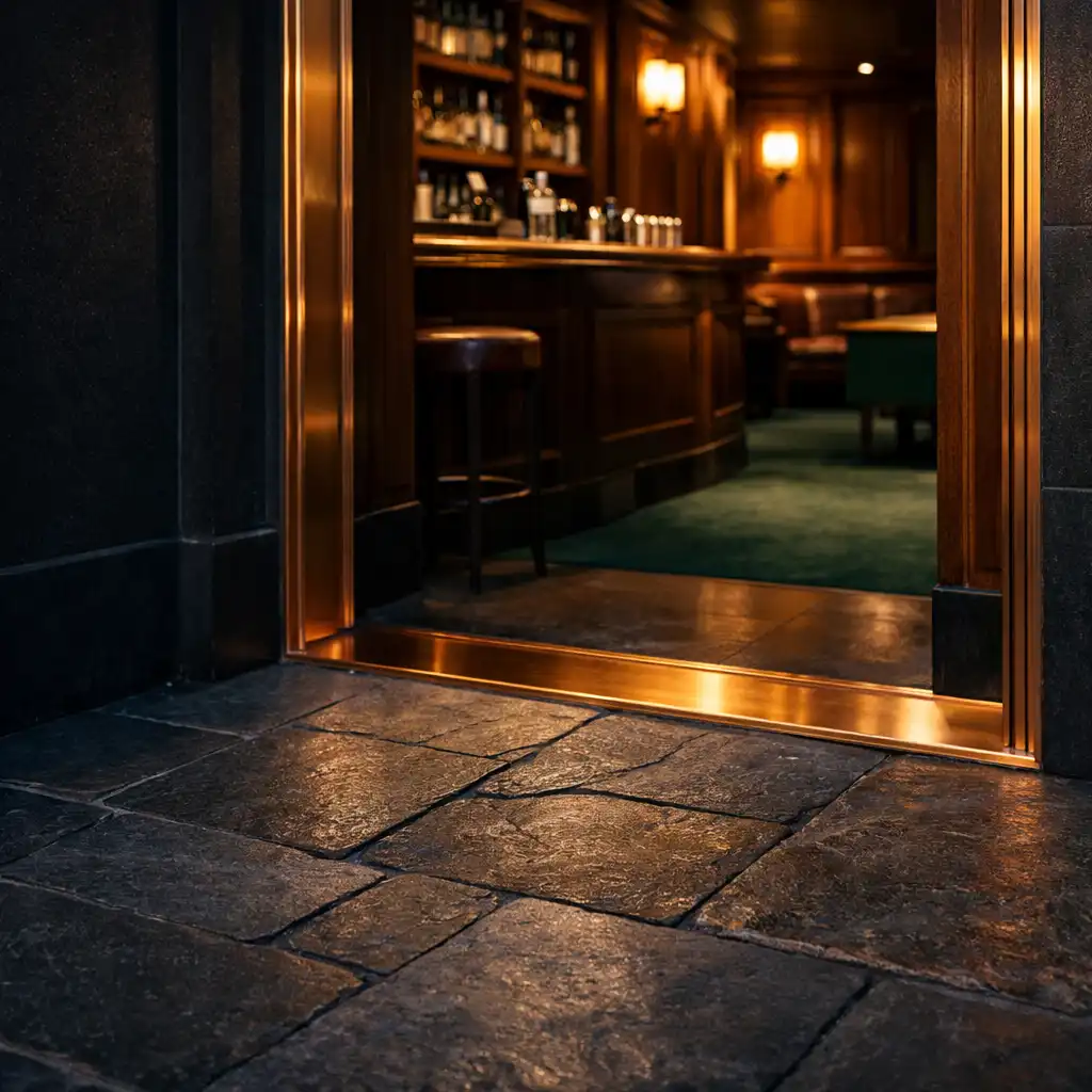 Copper-edged bistro doorway with warm interior light