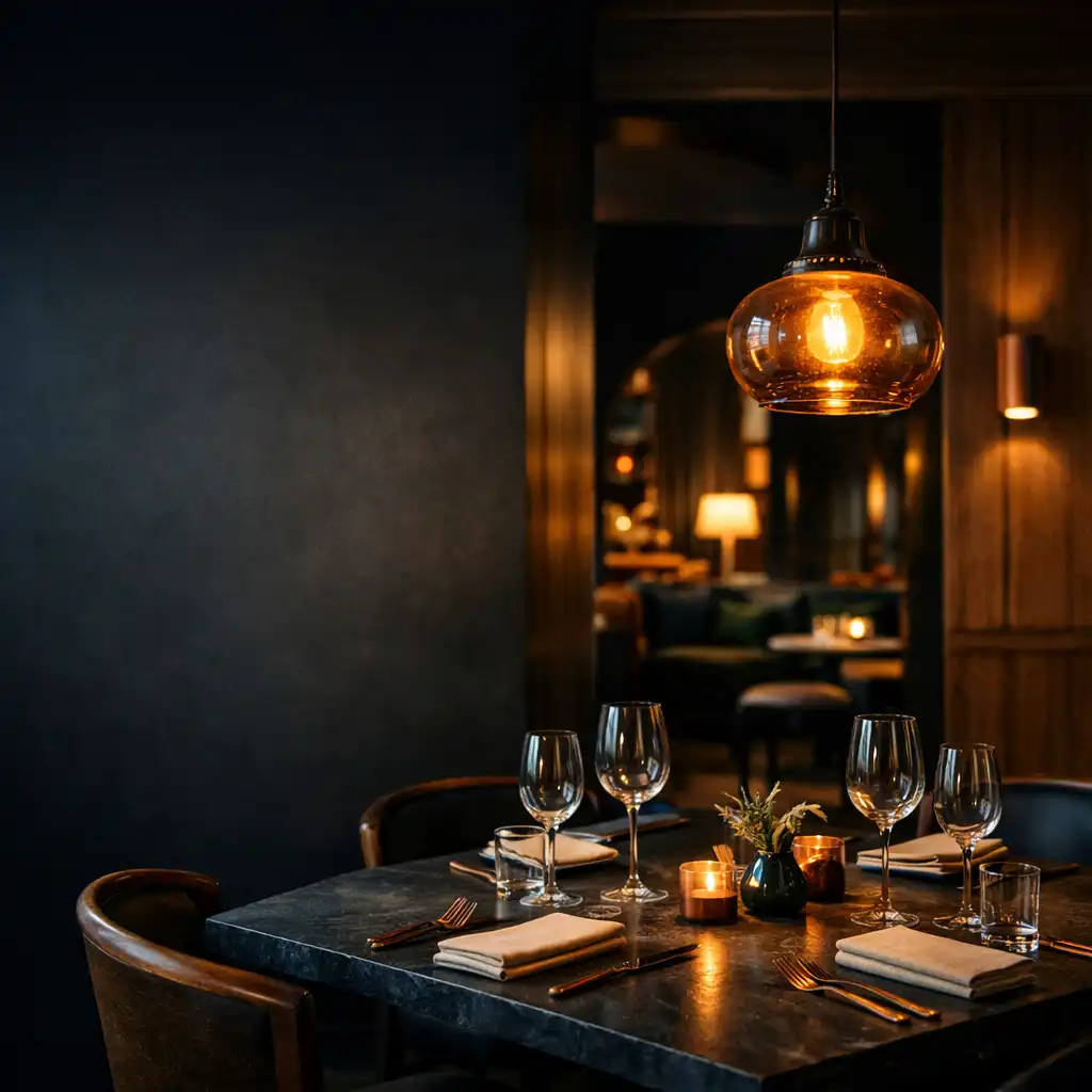 Warmly lit slate-topped dining table inside Slateandliinen after dark