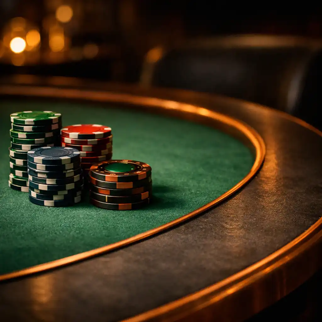 Close detail of emerald felt, tournament chips, collectible poker chips and copper-edged poker-table hardware