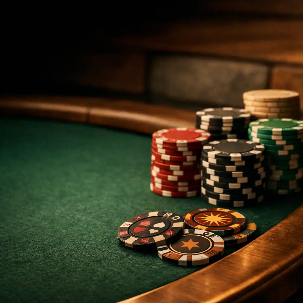 Tournament chips and collectible poker chips arranged on a felt-emerald poker table beside a copper edge.