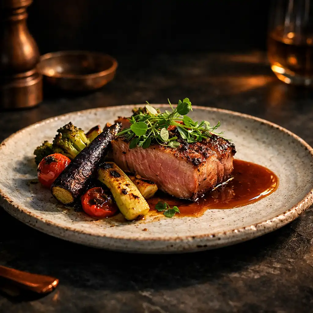 Contemporary main course with charred vegetables on a slate-toned table
