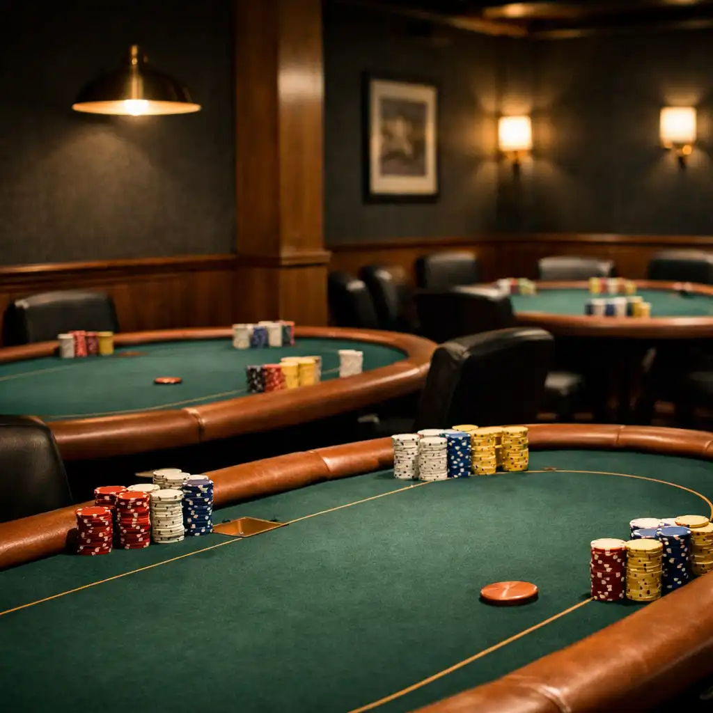 Empty offline poker room with felt-emerald tables and tournament chips