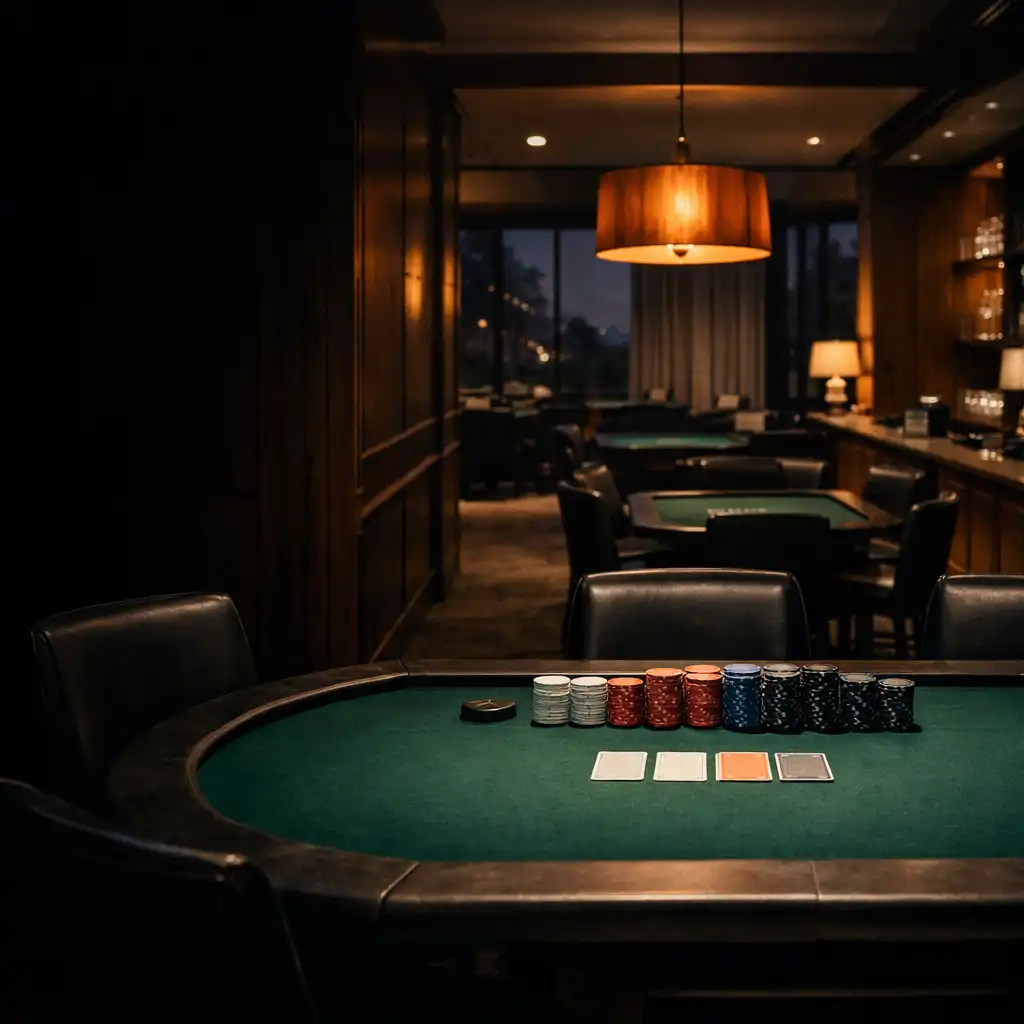 Emerald felt poker table with tournament chips in Slateandliinen's warmly lit physical poker lounge