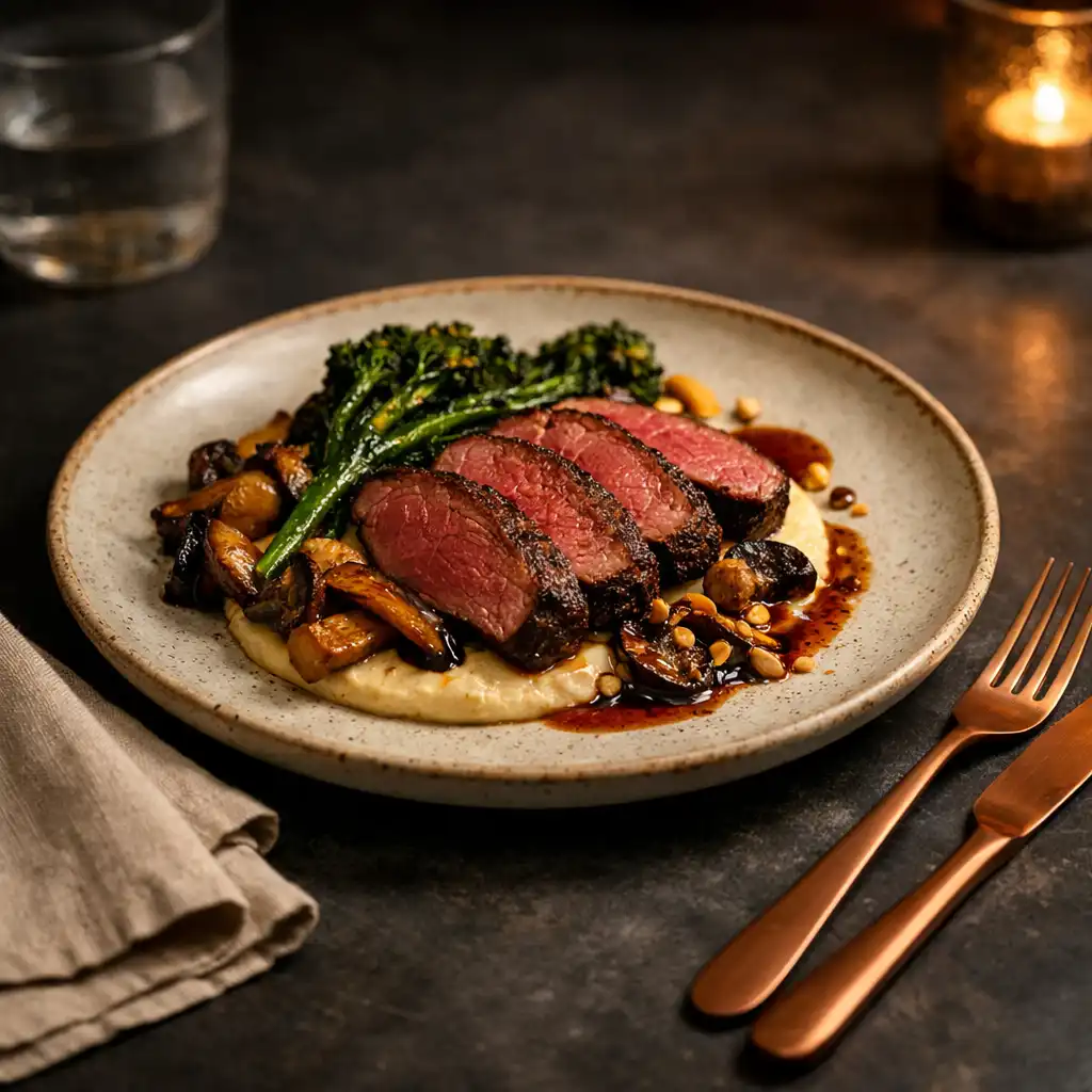 Composed modern bistro plate on a dark slate table with linen and copper cutlery