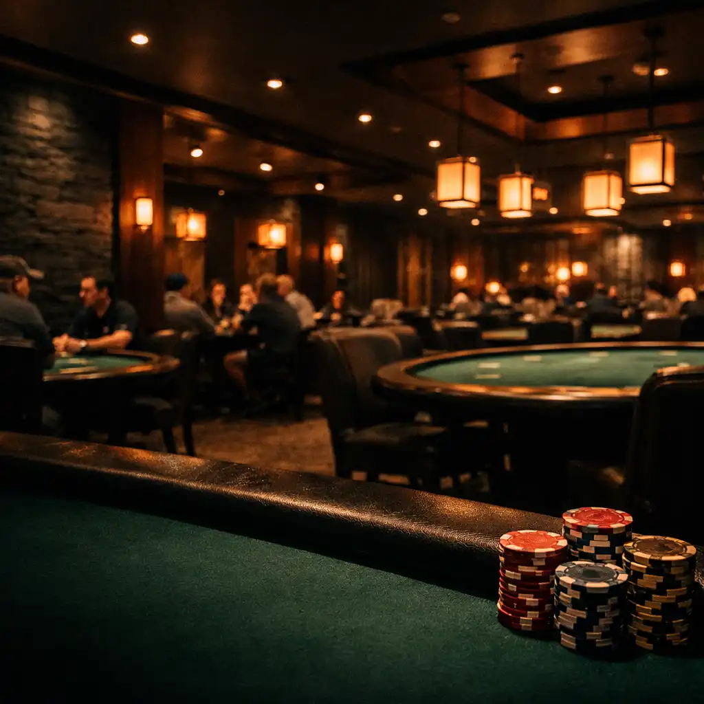 Warmly lit physical poker lounge with emerald felt tables, tournament chips, slate walls and copper details