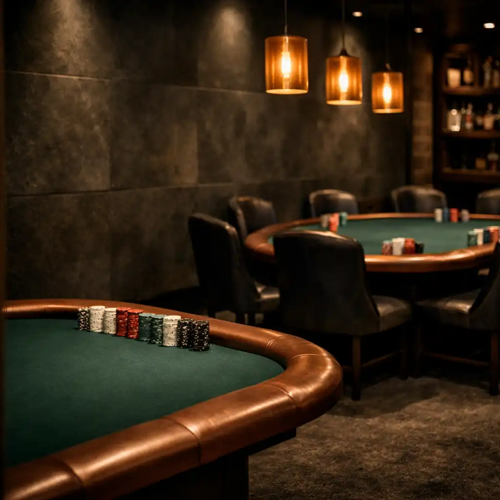 Prepared felt poker tables under warm amber lighting in Slateandliinen’s physical poker lounge.