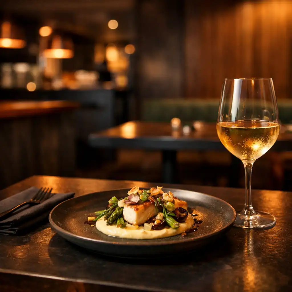 Modern plated dish and artisan wine in Slateandliinen's evening bistro setting