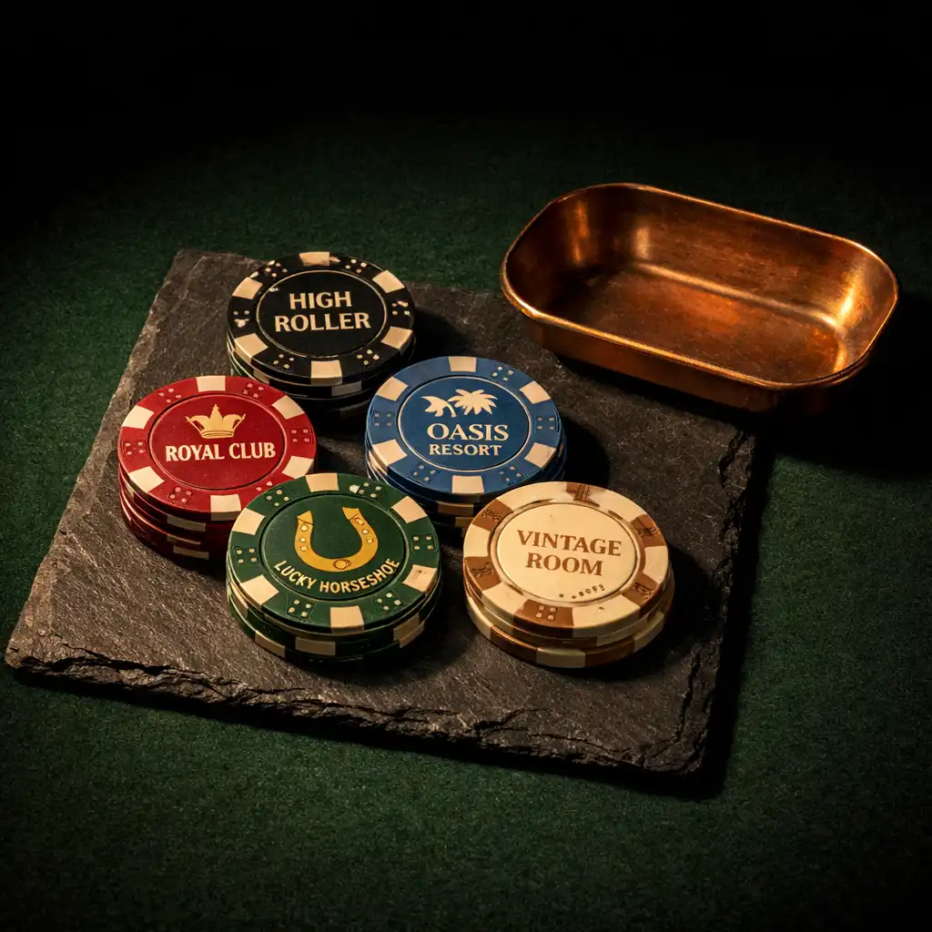 Collectible poker chips arranged on a dark slate surface