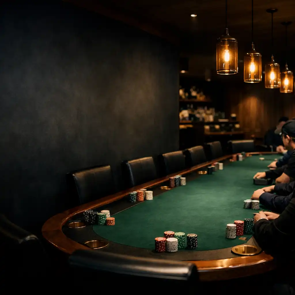 Emerald felt poker table in Slateandliinen's warmly lit offline poker room