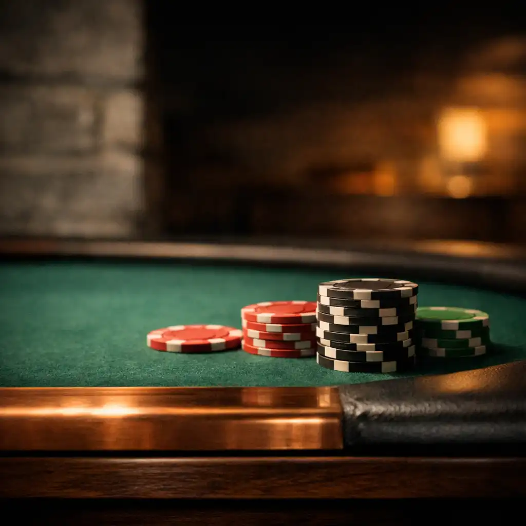 Close view of emerald felt, tournament chips and copper table detail in the poker room
