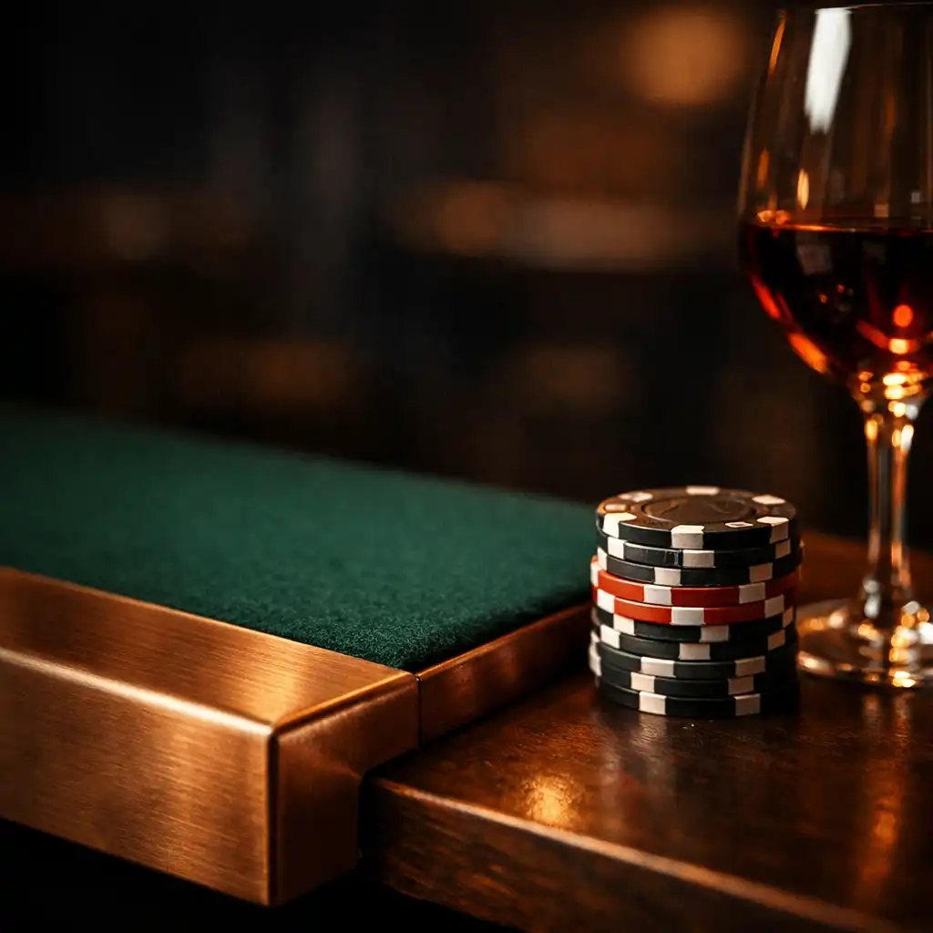Emerald felt, brushed copper table edge, collectible poker chips, and a wine glass in amber light