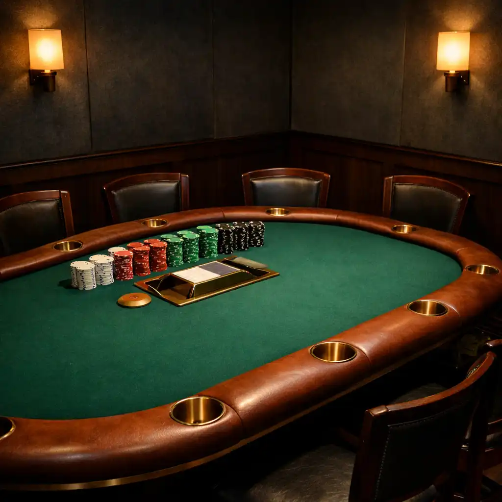 Emerald felt poker table with tournament chips in the dedicated offline poker room