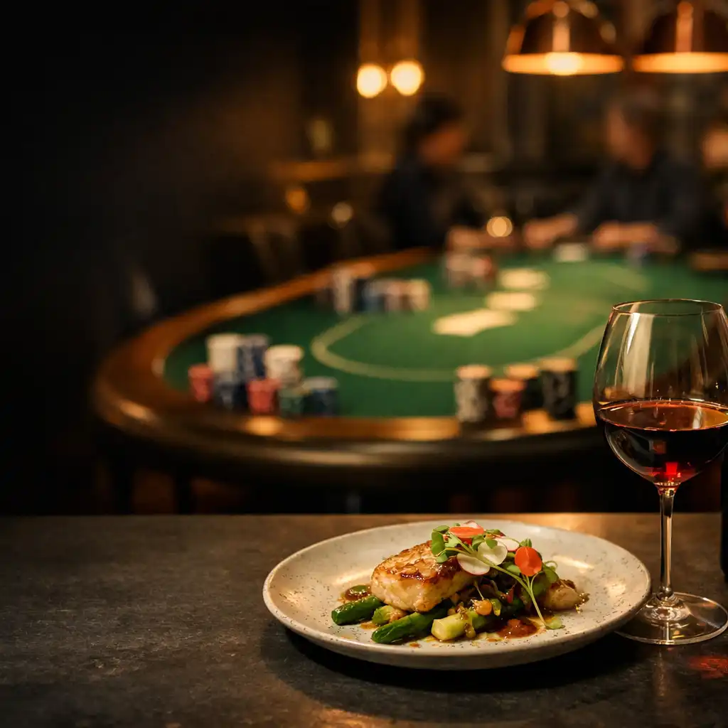 Plated modern cuisine and wine near an emerald felt poker table in the lounge