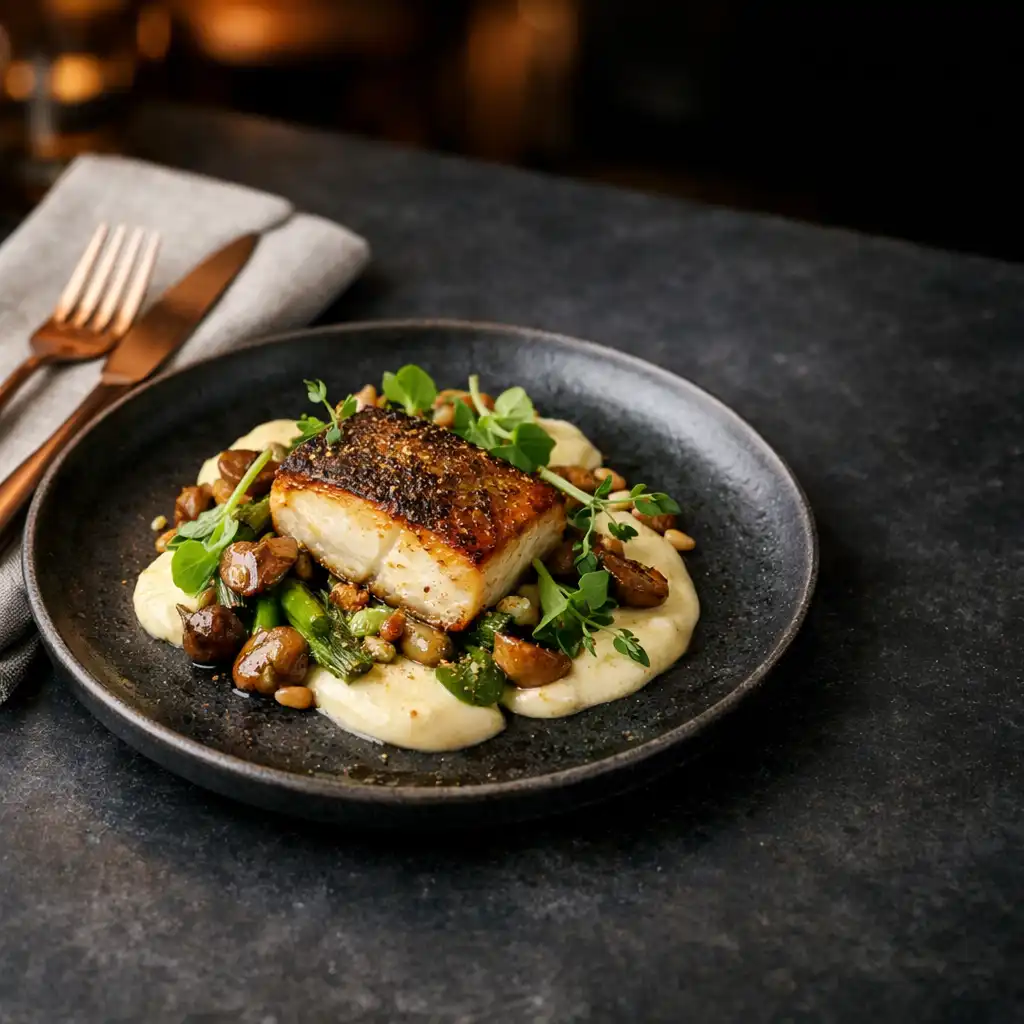 Carefully plated modern bistro dish on a dark slate table