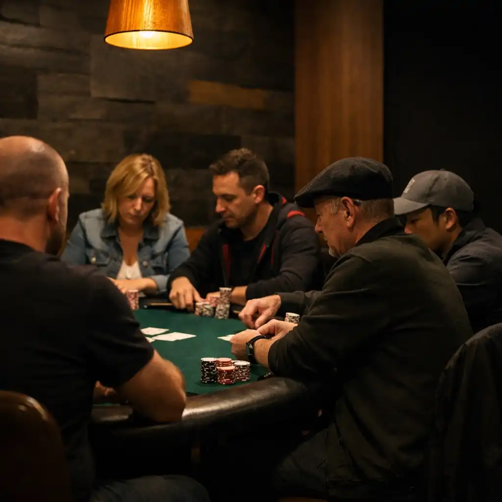 Visitors gathered around an emerald felt poker table during an in-person poker night